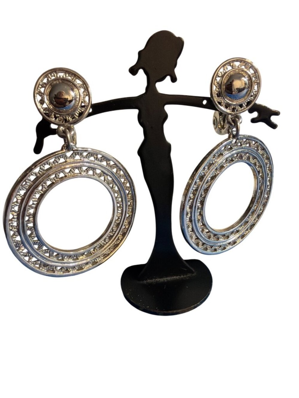 Monet Vintage Silver Tone Dangling Circle Clip On Earrings Openwork Estate 2"